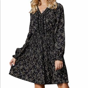 Women’s A-Line Black floral Velvet trim Dress